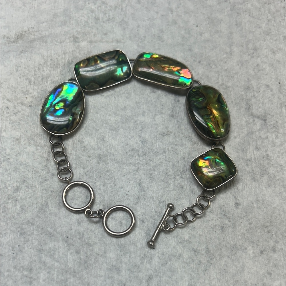 Iridescent Abalone Link Bracelet - Green Multi-tone Sterling Silver
